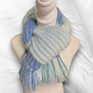 Handmade Soft Blue Ombre Knit Fringe Scarf